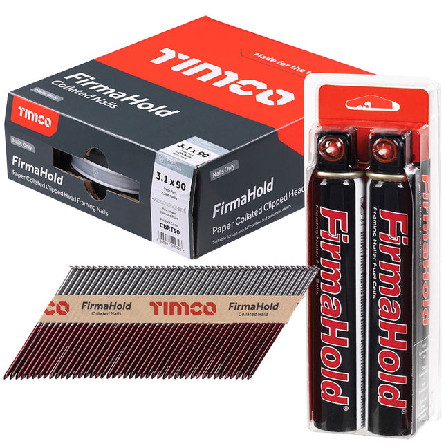FirmaHold 90mm Bright Plain Shank Collated Clipped Head Nails With 2 Fuel Cells - MonkeyTools
