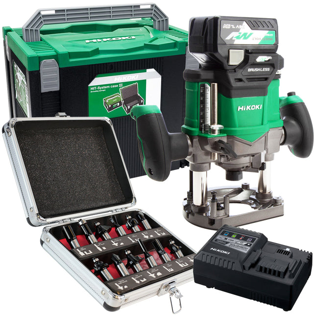 Hikoki M3612DAJPZ 36V Brushless Router 2.5Ah Battery Charger with 1/2" 12 Piece Cutter Set - MonkeyTools