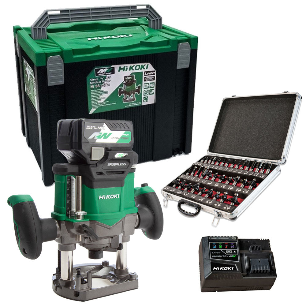 Hikoki M3612DAJPZ 36V Brushless Router 2.5Ah Battery Charger with 1/2" 35 Piece Cutter Set - MonkeyTools