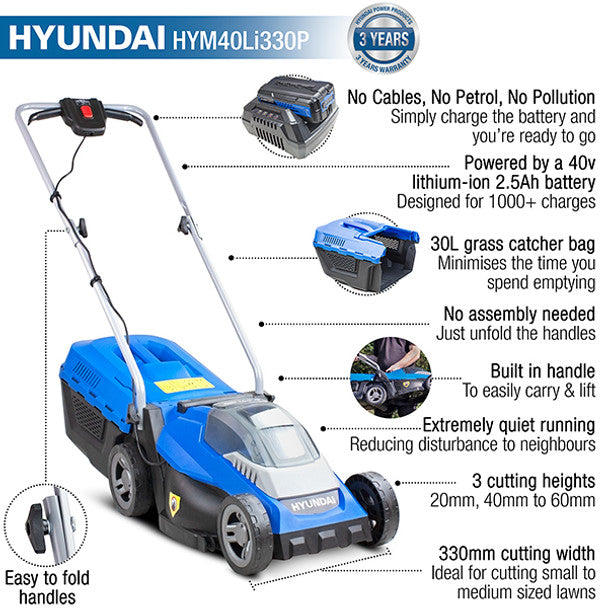 Hyundai HYM40LI330P 40V 33cm Roller Lawn Mower with Battery and Charger - MonkeyTools