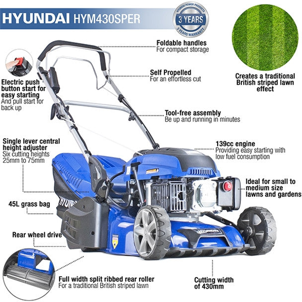 Hyundai HYM430SPER 139cc Petrol Roller Lawn mower 17"/43cm - MonkeyTools