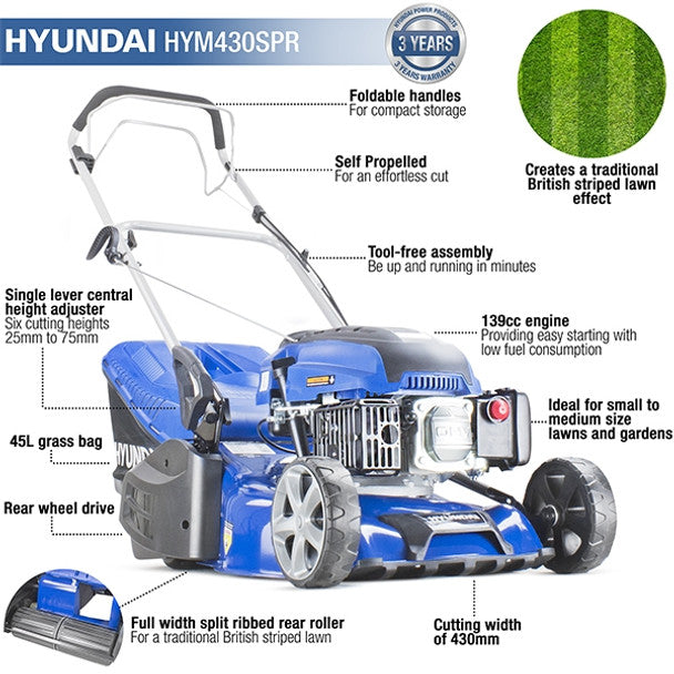 Hyundai HYM430SPR 139cc Petrol Roller Lawn mower 17"/43cm - MonkeyTools