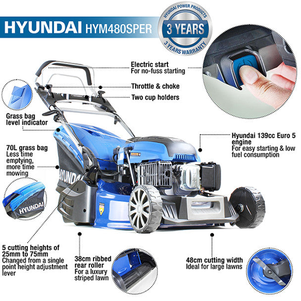 Hyundai HYM480SPER 139cc Petrol Roller Lawn mower 19"/48cm - MonkeyTools