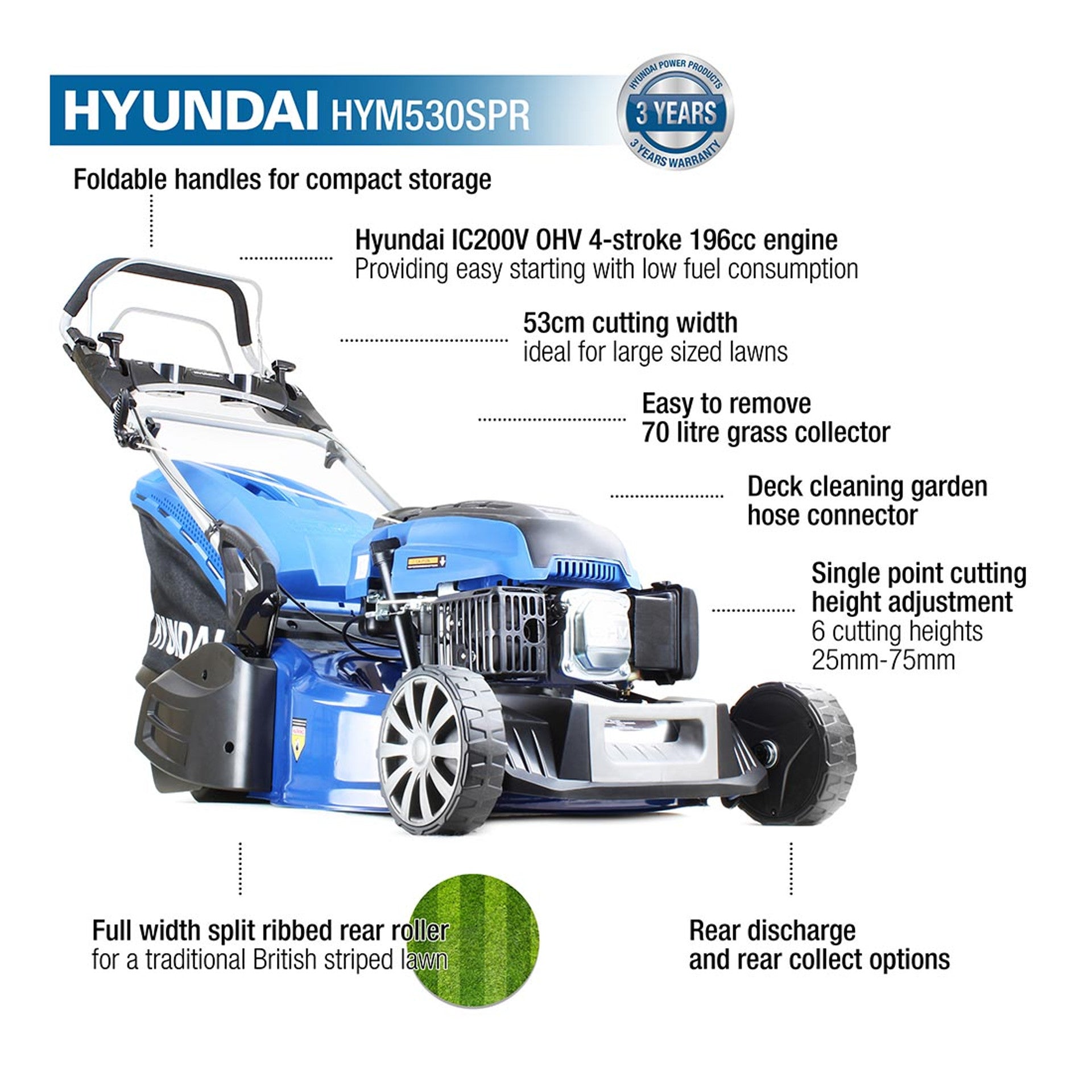 Hyundai HYM530SPR 196cc Petrol Roller Lawn mower 21"/53cm - MonkeyTools