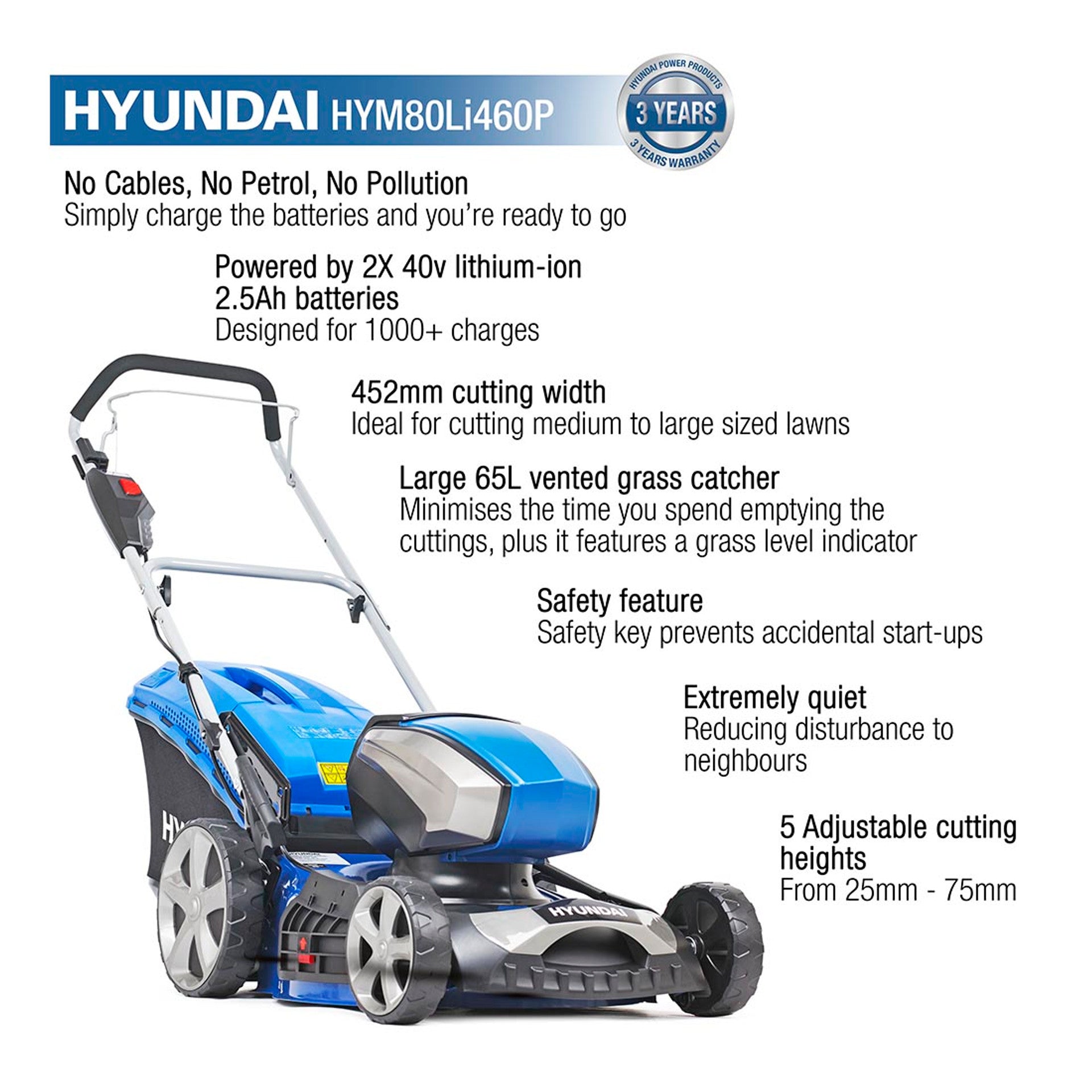 Hyundai HYM80LI460P 80V Brushless 45cm Lawn Mower with Battery and Charger - MonkeyTools