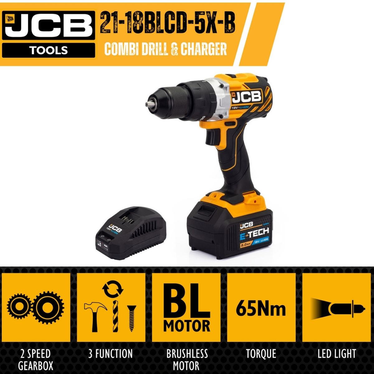 JCB 18BLCD-5X-B 18V Brushless Combi Drill with 1 x 5.0ah battery and charger - MonkeyTools