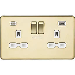 KNIGHTSBRIDGE 13A 2-GANG SP SWITCHED SOCKET + 4.0A 20W 2-OUTLET TYPE A & C USB CHARGER POLISHED BRASS WITH WHITE INSERTS - MonkeyTools