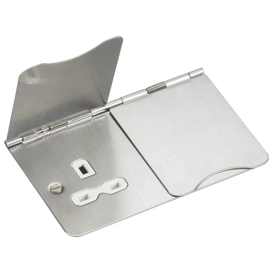 KNIGHTSBRIDGE FPR9UBCW 13A 2-GANG UNSWITCHED FLOOR SOCKET BRUSHED CHROME WITH WHITE INSERTS - MonkeyTools