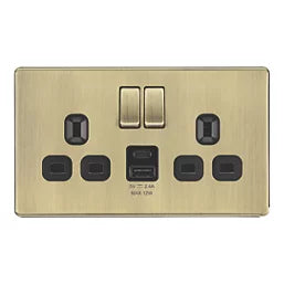 LAP 13A 2-GANG SP SWITCHED SOCKET + 2.4A 12W 2-OUTLET TYPE A & C USB CHARGER ANTIQUE BRASS WITH BLACK INSERTS - MonkeyTools