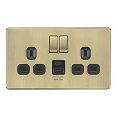 LAP 13A 2-GANG SP SWITCHED SOCKET + 2.4A 12W 2-OUTLET TYPE A & C USB CHARGER ANTIQUE BRASS WITH BLACK INSERTS