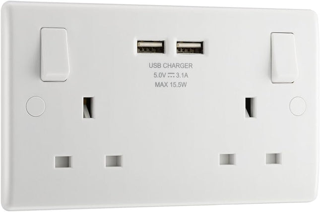 LAP 13A 2-GANG SP SWITCHED SOCKET + 3.1A 15.5W 2-OUTLET TYPE A USB CHARGER WHITE - MonkeyTools