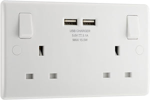 LAP 13A 2-GANG SP SWITCHED SOCKET + 3.1A 15.5W 2-OUTLET TYPE A USB CHARGER WHITE - MonkeyTools
