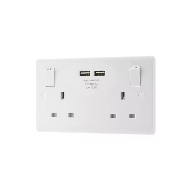 LAP 13A 2-GANG SP SWITCHED SOCKET + 3.1A 2-OUTLET TYPE A USB CHARGER WHITE - MonkeyTools