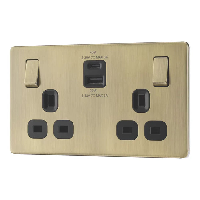 LAP 13A 2-GANG SP SWITCHED SOCKET + 3A 45W 2-OUTLET TYPE A & C USB CHARGER ANTIQUE BRASS WITH BLACK INSERTS (514PN) - MonkeyTools