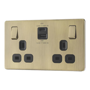 LAP 13A 2-GANG SP SWITCHED SOCKET + 3A 45W 2-OUTLET TYPE A & C USB CHARGER ANTIQUE BRASS WITH BLACK INSERTS (514PN) - MonkeyTools