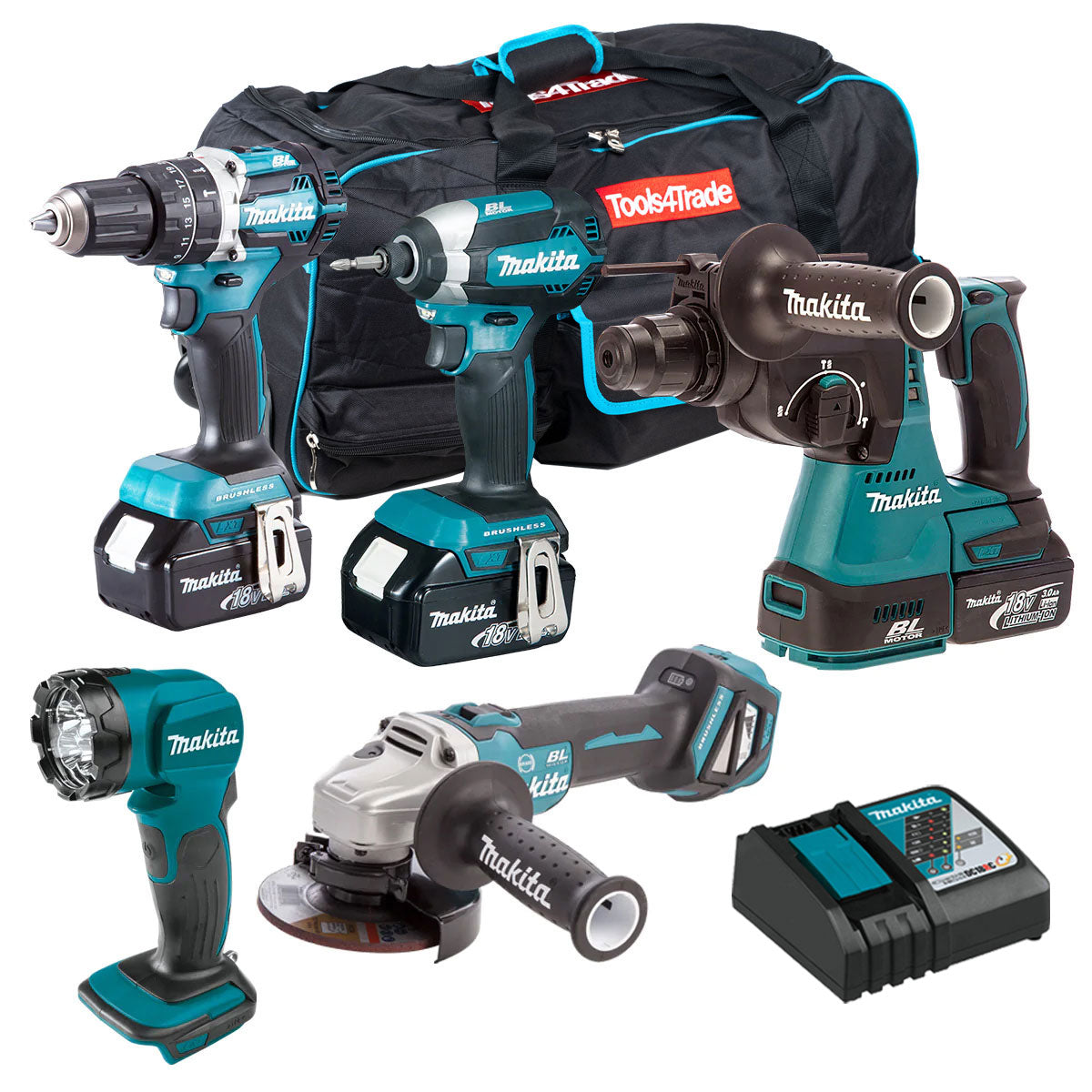 Makita 18V 5 Piece Tool Kit 3 x 5.0Ah Batteries & Charger T4TKIT-6572 - MonkeyTools
