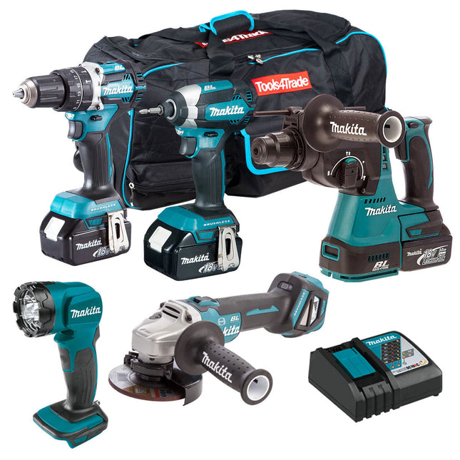 Makita 18V 5 Piece Tool Kit 3 x 5.0Ah Batteries & Charger T4TKIT-6572 - MonkeyTools