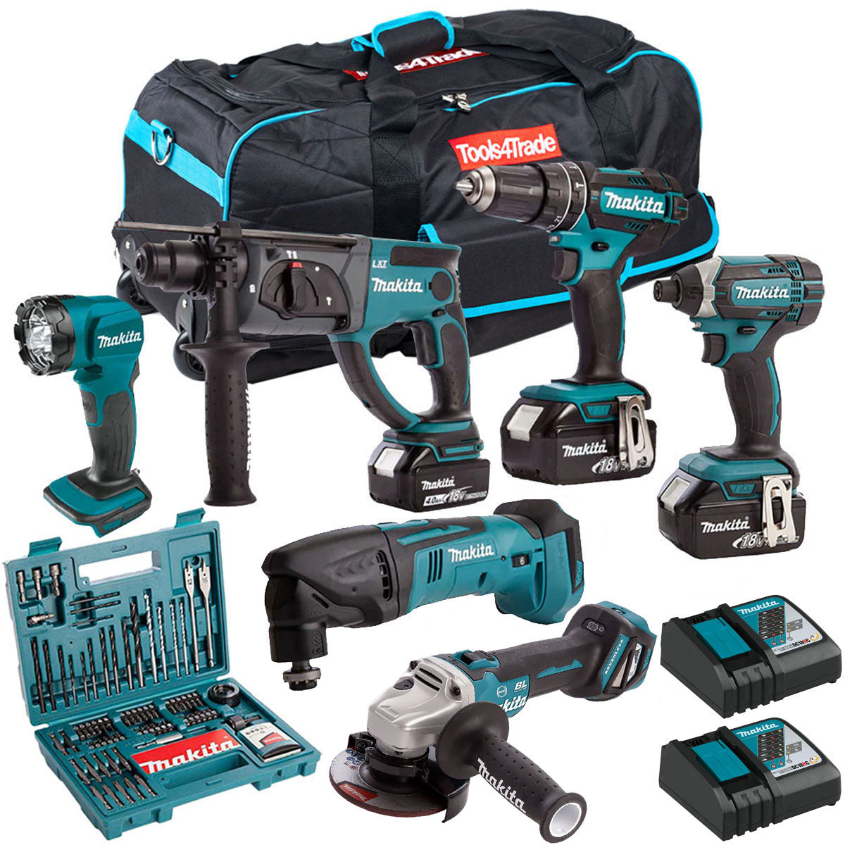 Makita 18V 6 Piece Cordless Kit with 3 x 5.0Ah Batteries & 100 Piece Bit Set T4TKIT-17 - MonkeyTools