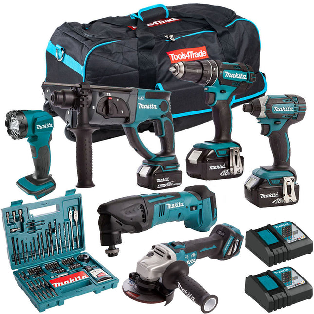 Makita 18V 6 Piece Cordless Kit with 3 x 5.0Ah Batteries & 100 Piece Bit Set T4TKIT-17 - MonkeyTools