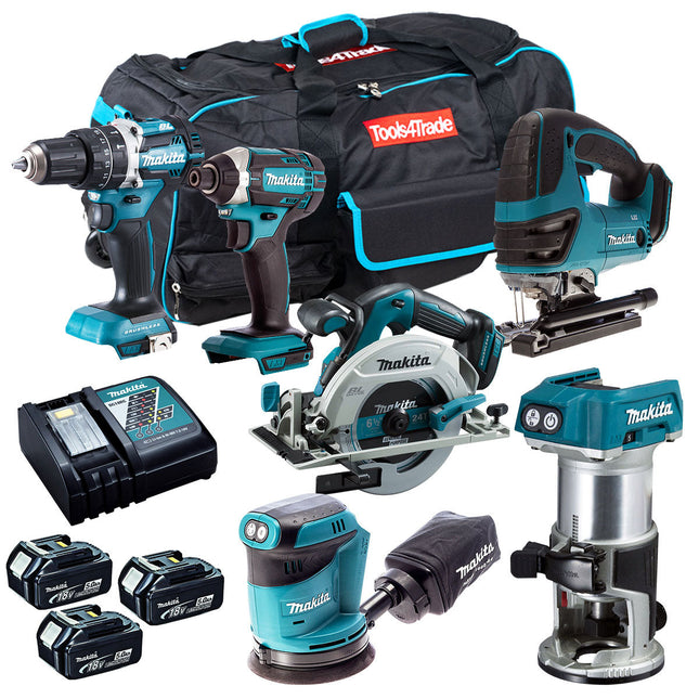 Makita 18V 6 Piece Cordless Power Tool Kit with 3 x 5.0Ah Battery Charger & bag T4TKIT-12878 - MonkeyTools