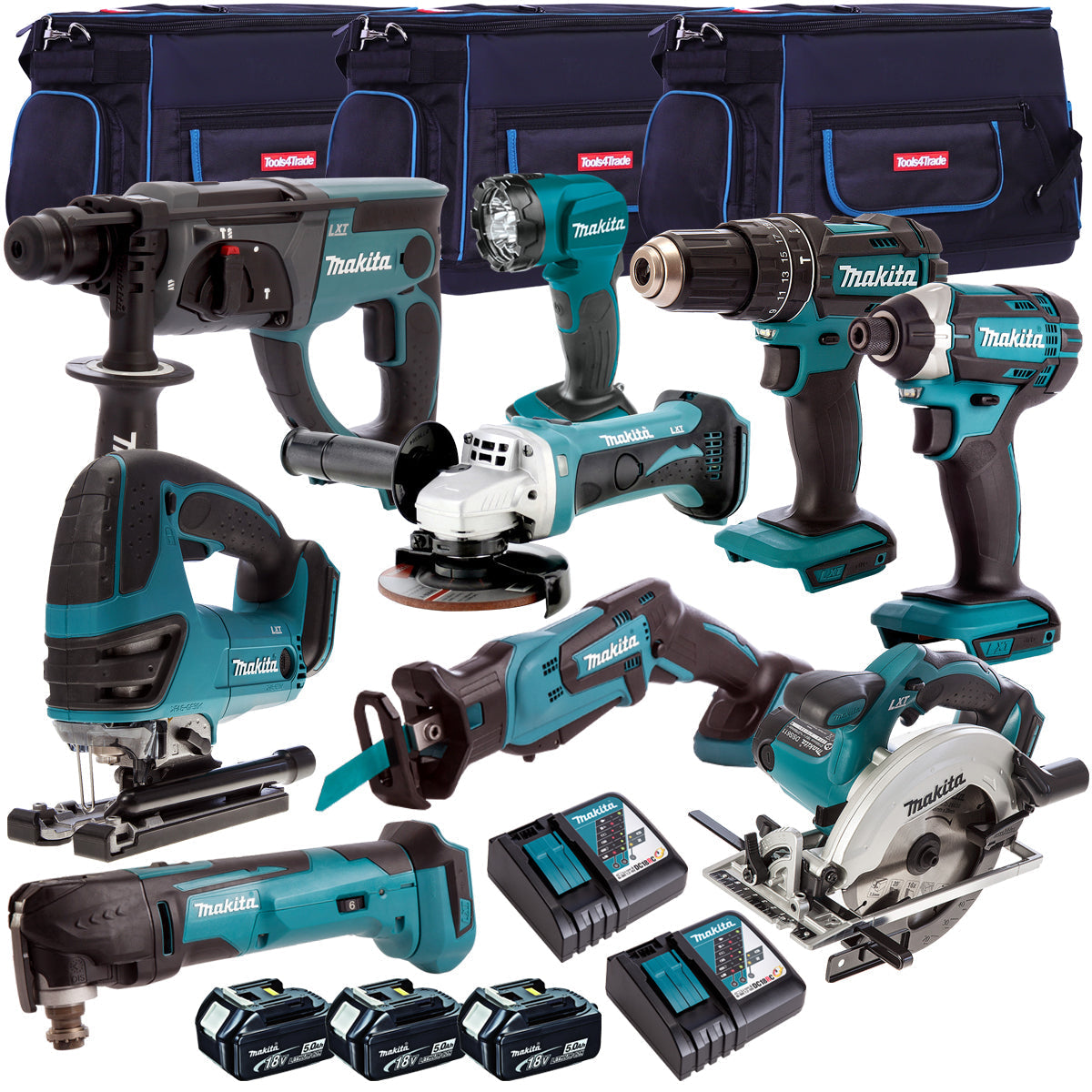 Makita 18V 9 Piece Combo Kit with 3 x 5.0Ah Batteries & Charger T4TKIT-196 - MonkeyTools