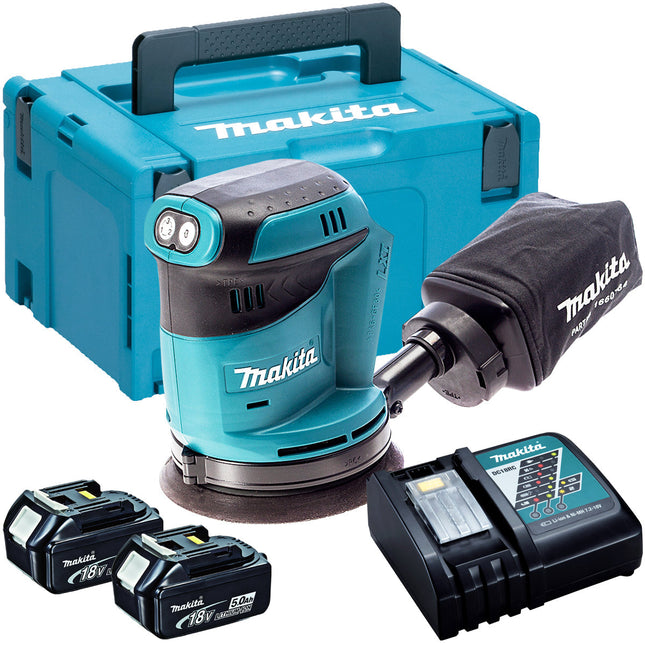 Makita DBO180Z 18V 125mm Sander with 2 x 5.0Ah Battery & Charger in Case - MonkeyTools