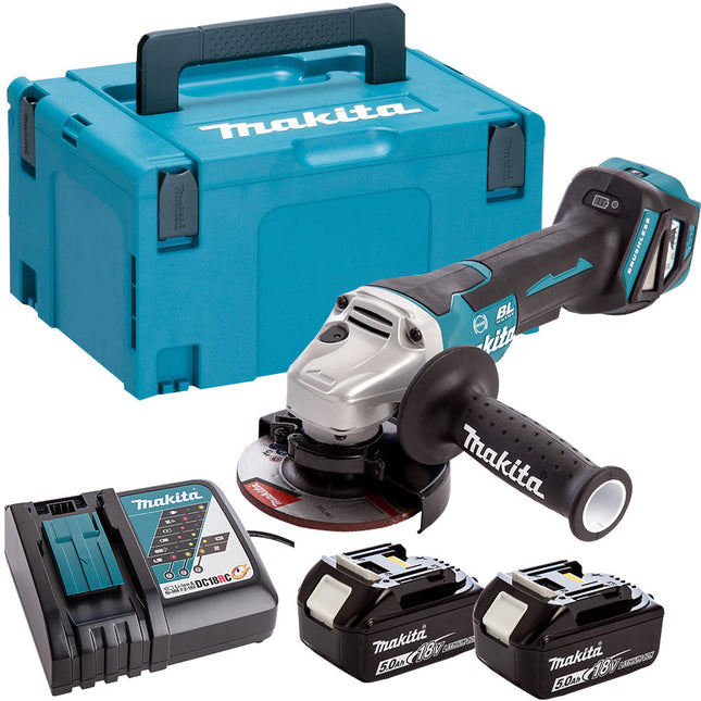 Makita DGA467Z 18V Brushless 115mm Angle Grinder With 2 x 5.0Ah Batteries & Charger in Case - MonkeyTools