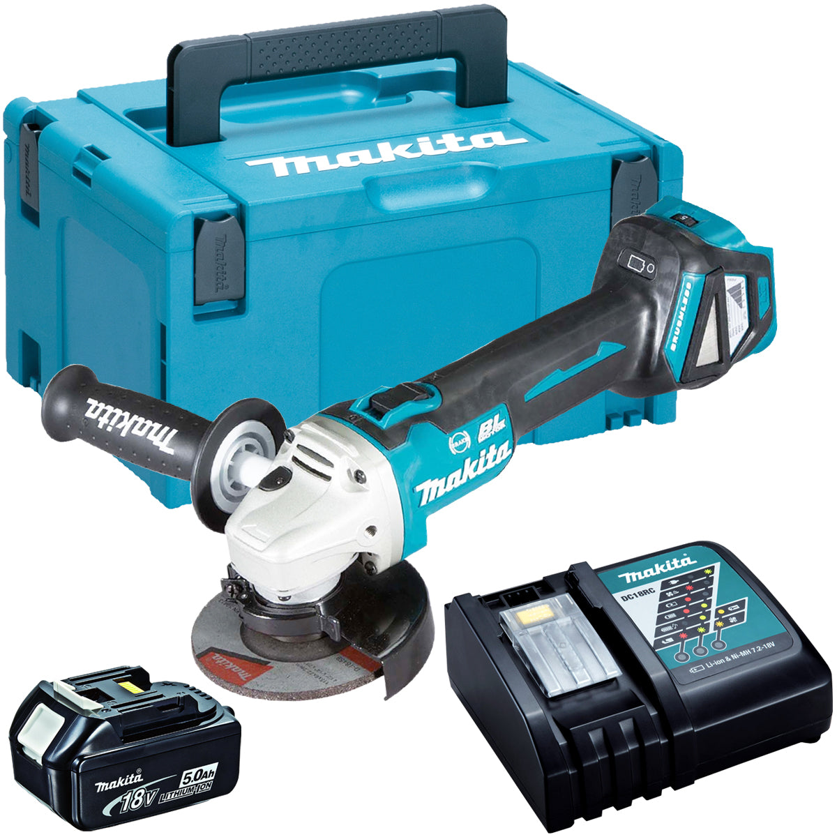 Makita DGA513Z 18V Brushless 125mm Angle Grinder with 1 x 5.0Ah Battery & Charger in Case - MonkeyTools