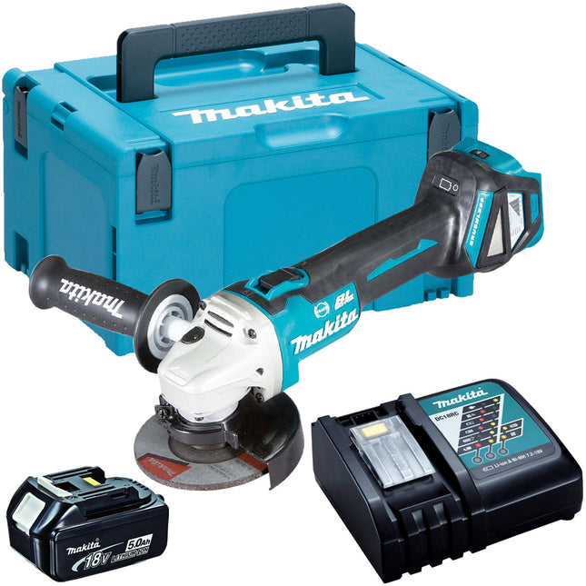 Makita DGA513Z 18V Brushless 125mm Angle Grinder with 1 x 5.0Ah Battery & Charger in Case - MonkeyTools