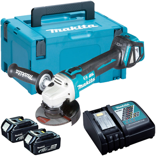 Makita DGA513Z 18V Brushless 125mm Angle Grinder with 2 x 5.0Ah Batteries & Charger in Case - MonkeyTools