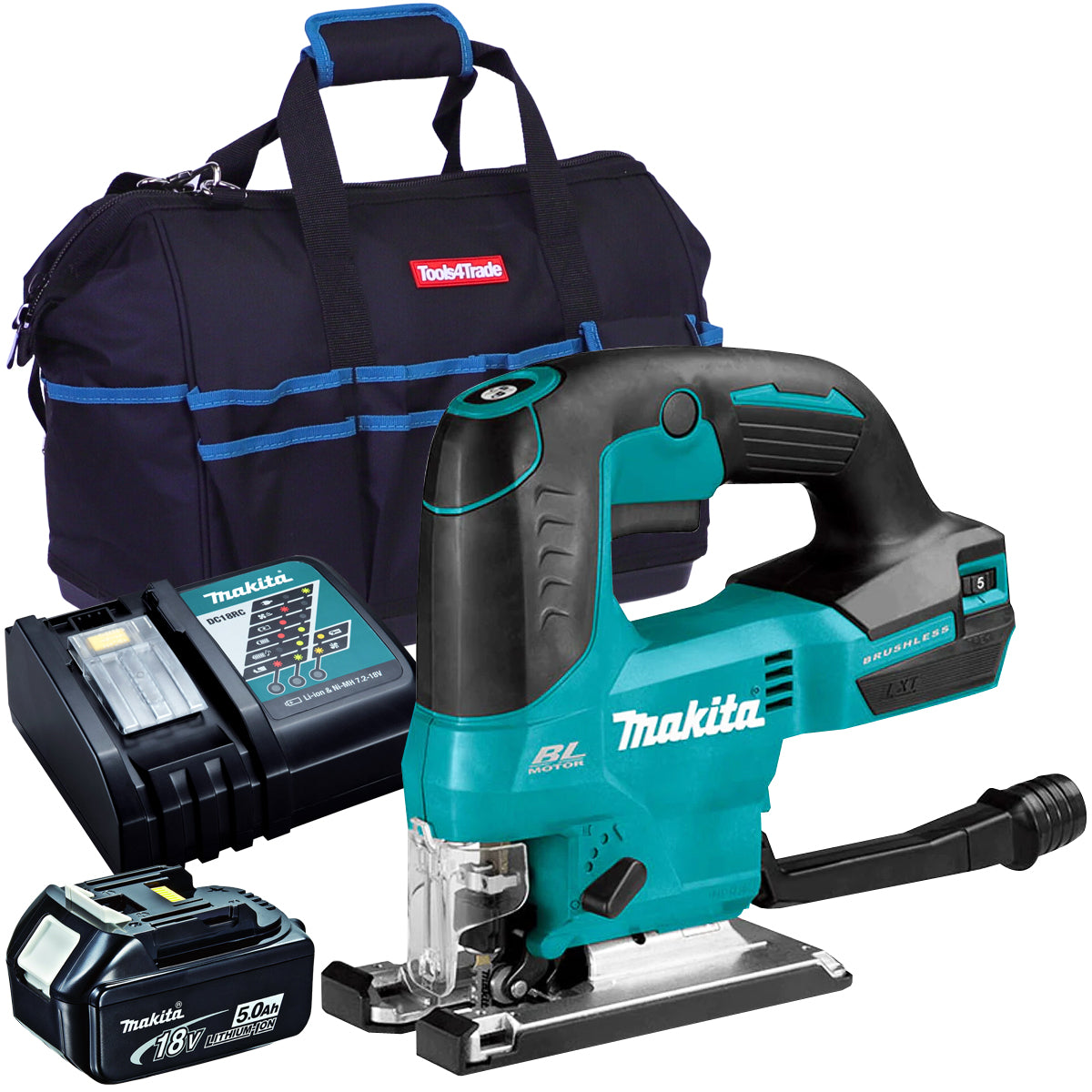 Makita DJV184Z 18V Brushless Top Handle Jigsaw with 1 x 5.0Ah Battery Charger & Bag - MonkeyTools