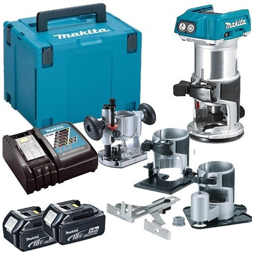 Makita DRT50ZJX3 18V Brushless Router Trimmer With Extra Bases + 2 x 5.0Ah Batteries & Charger In Case - MonkeyTools