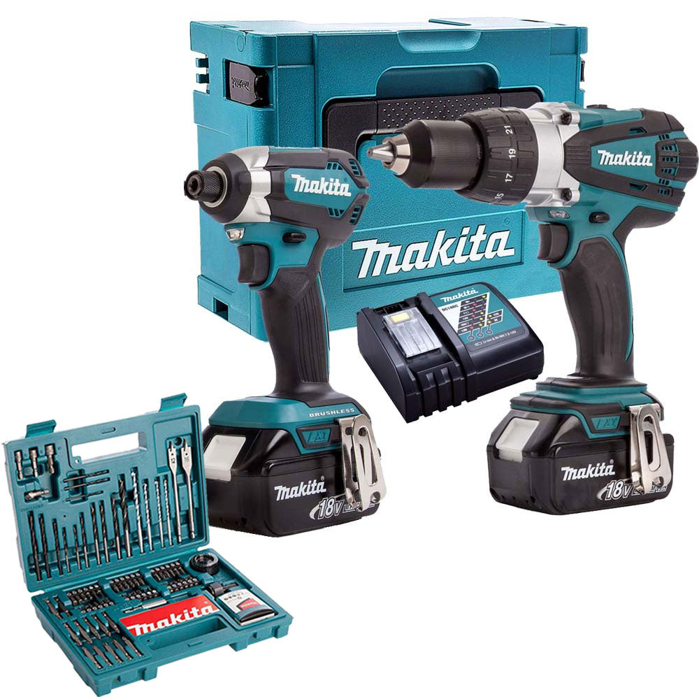 Makita MT5853TJ 18V Twin Pack 2 x 5Ah Batteries Charger & 100 Piece Drill Set - MonkeyTools