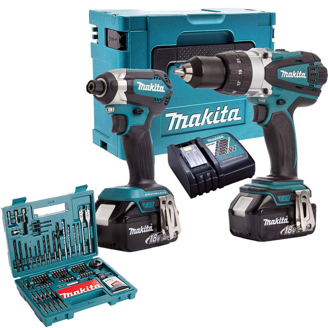 Makita MT5853TJ 18V Twin Pack 2 x 5Ah Batteries Charger & 100 Piece Drill Set - MonkeyTools