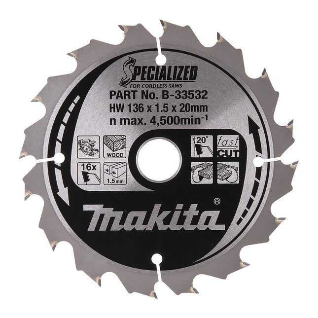 Makita 136mm 16T Wood Specialized Circular Saw Blade B-33532 - MonkeyTools