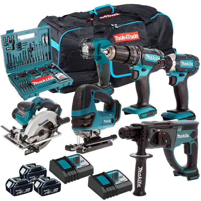 Makita 18V 6 Piece Cordless Kit with 3 x 5.0Ah Batteries & 100 Piece Bit Set T4TKIT-49 - MonkeyTools