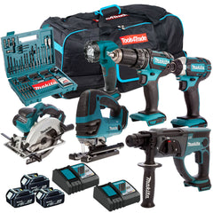 Makita 18V 6 Piece Cordless Kit with 3 x 5.0Ah Batteries & 100 Piece Bit Set T4TKIT-49