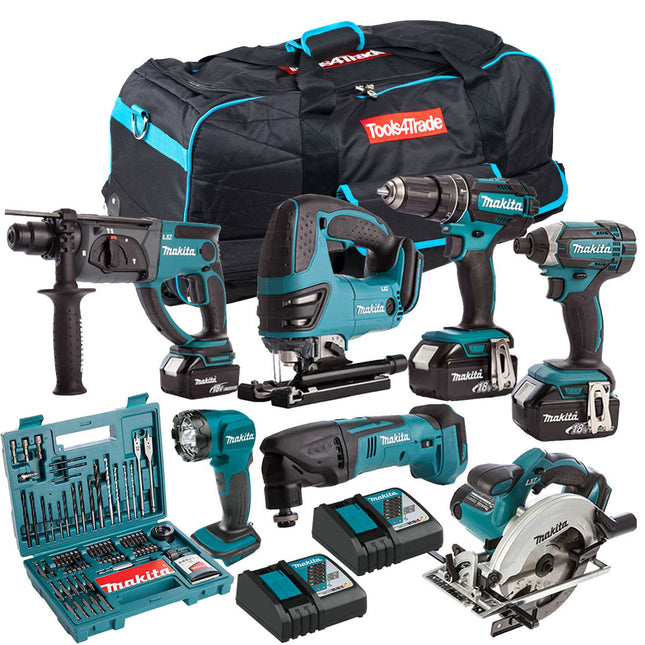 Makita 18V 7 Piece Cordless Kit with 3 x 5.0Ah Batteries & 100 Piece Bit Set T4TKIT-29 - MonkeyTools