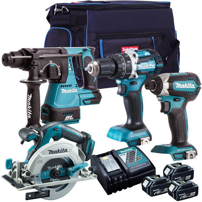 Makita 18V Brushless 4 Piece Tool Kit with 3 x 5.0Ah Batteries Charger & Bag - MonkeyTools
