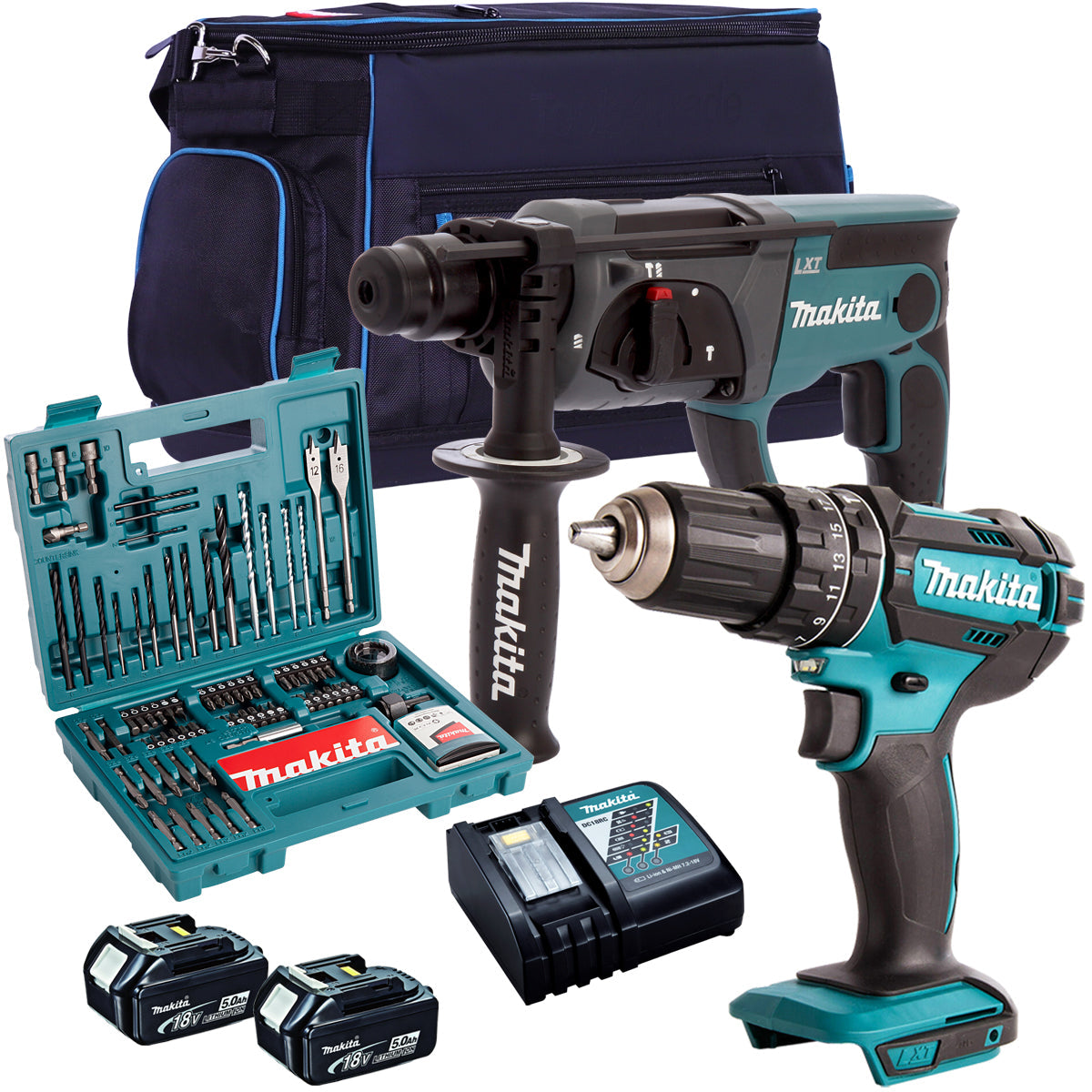 Makita 18V SDS+ Rotary Hammer + Combi Drill Tool Kit with 2 x 5.0Ah Batteries MTKIT-818 - MonkeyTools
