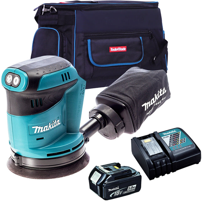 Makita DBO180Z 18V 125mm Random Orbit Sander with 1 x 5.0Ah Battery Charger & Tool Bag - MonkeyTools
