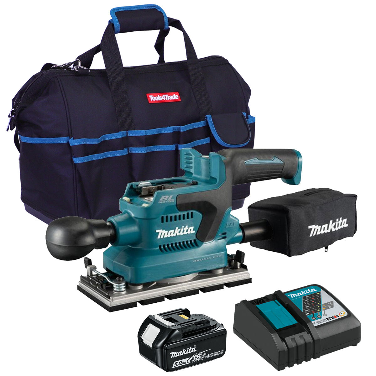 Makita DBO381ZU 18V Brushless Finishing Sander with 1 x 5.0Ah Battery Charger & Bag - MonkeyTools