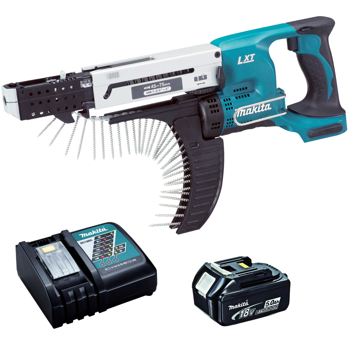 Makita DFR750Z 18V 45 – 75 mm Auto Feed Screwdriver With 1 x 5.0Ah Battery & Charger - MonkeyTools