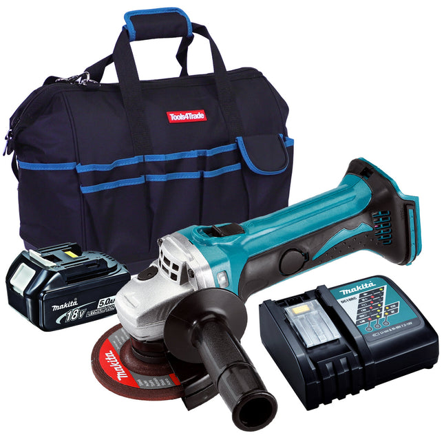 Makita DGA452Z 18V 115mm Angle Grinder with 1 x 5.0Ah Battery Charger & Bag - MonkeyTools