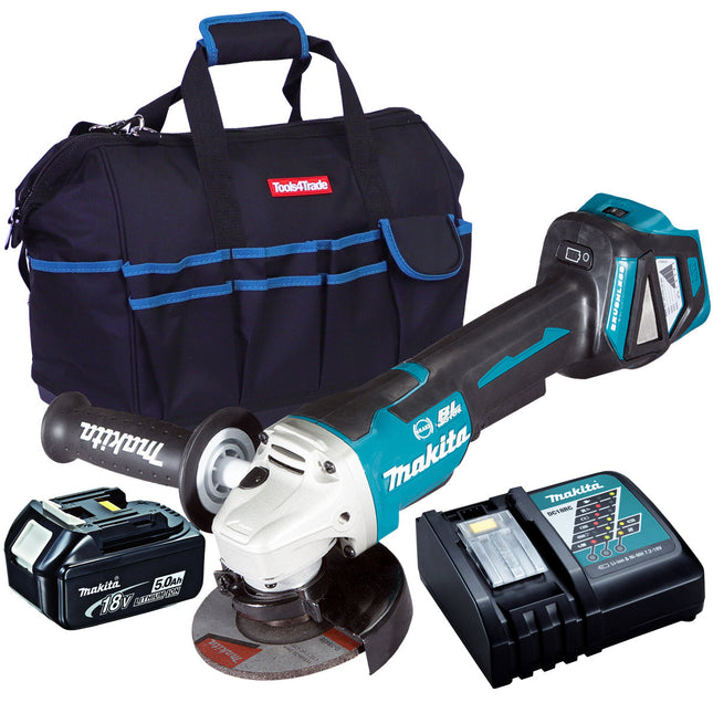 Makita DGA463Z 18V Brushless 115mm Angle Grinder with 1 x 5.0Ah Battery Charger & 18" Bag - MonkeyTools