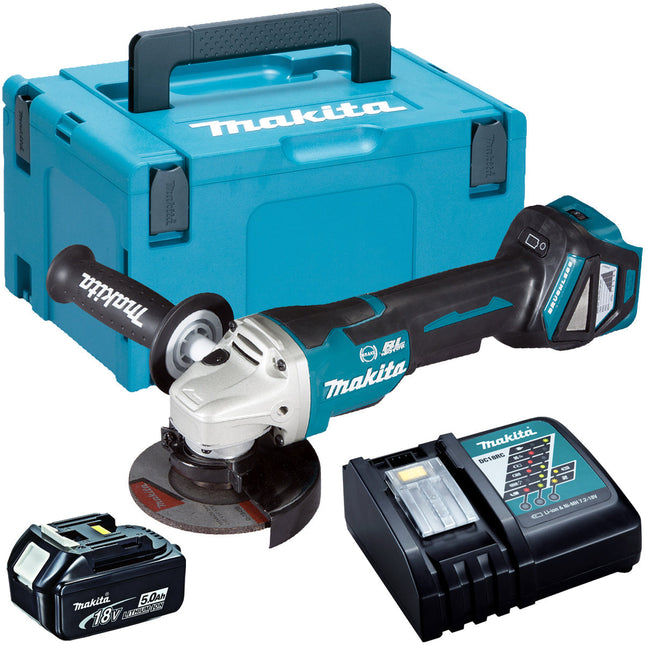 Makita DGA463Z 18V Brushless 115mm Angle Grinder with 1 x 5.0Ah Battery & Charger in Case - MonkeyTools
