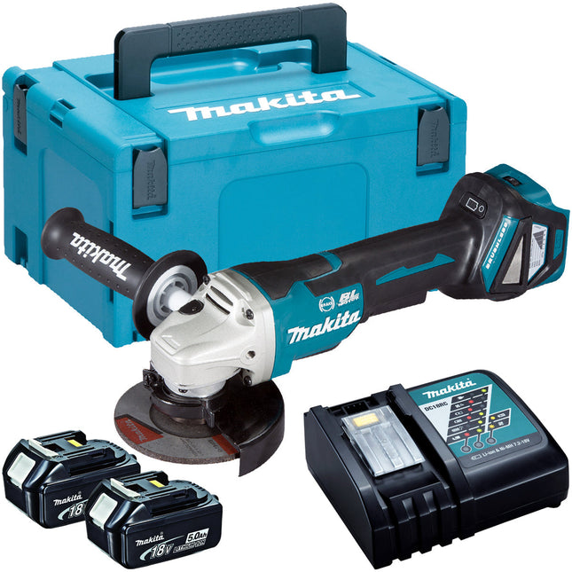 Makita DGA463Z 18V Brushless 115mm Angle Grinder with 2 x 5.0Ah Batteries & Charger in Case - MonkeyTools