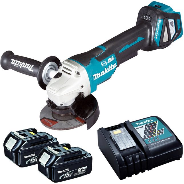 Makita DGA463Z 18V Brushless 115mm Angle Grinder with 2 x 5.0Ah Battery & Charger - MonkeyTools