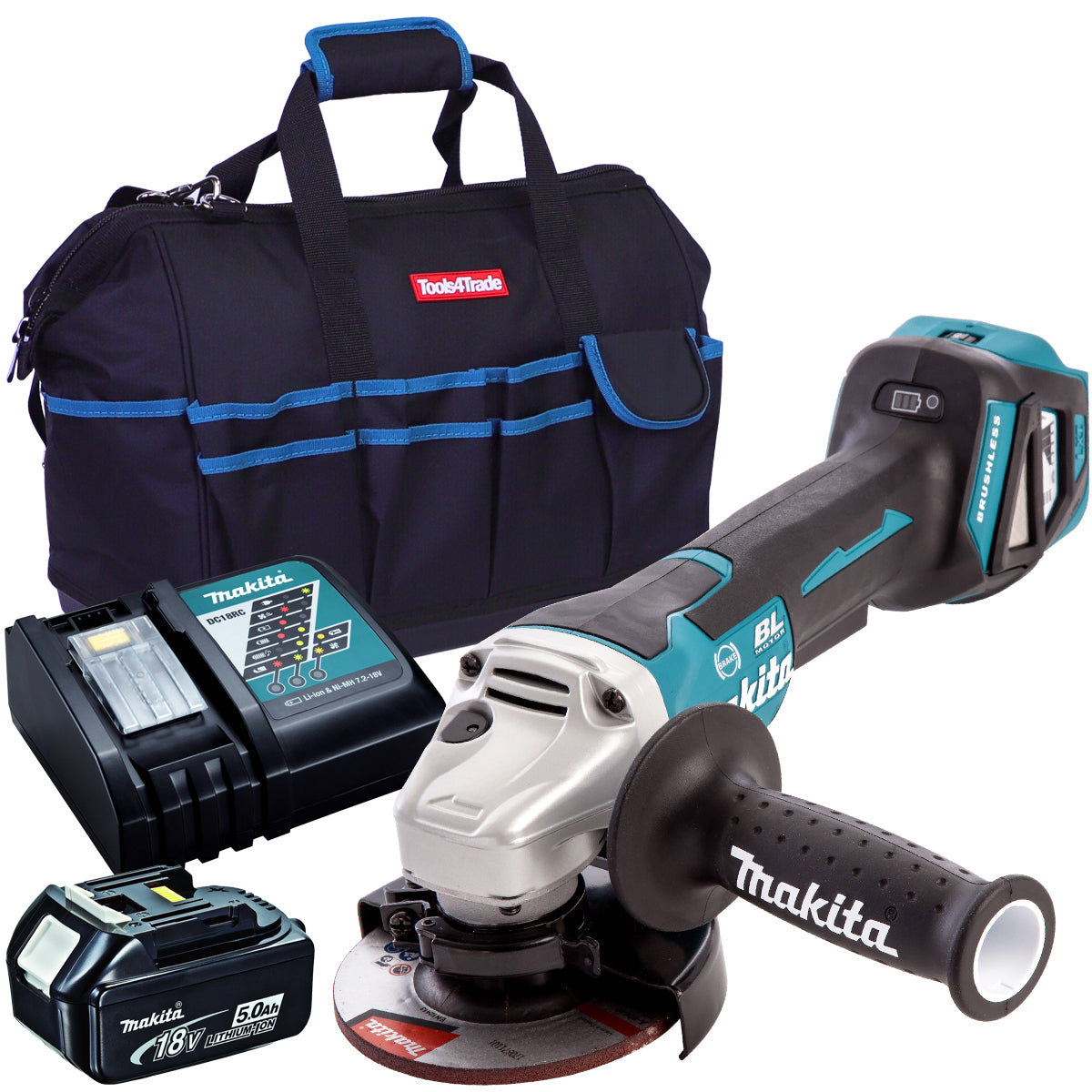 Makita DGA467Z 18V Brushless 115mm Angle Grinder with 1 x 5.0Ah Battery Charger & Bag - MonkeyTools