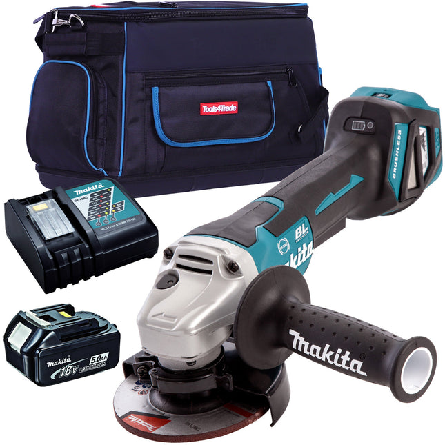 Makita DGA467Z 18V Brushless 115mm Angle Grinder With 1 x 5.0Ah Battery Charger & Tool Bag - MonkeyTools
